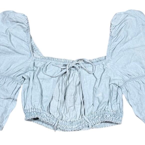 Zara Chambray Crop Top Puff Sleeve Shirt Denim Open Back Size Small Cottage - Picture 4 of 8